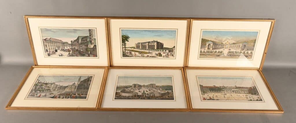 Belle suite de 6 gravures de lieux de villes européennes comme Venise