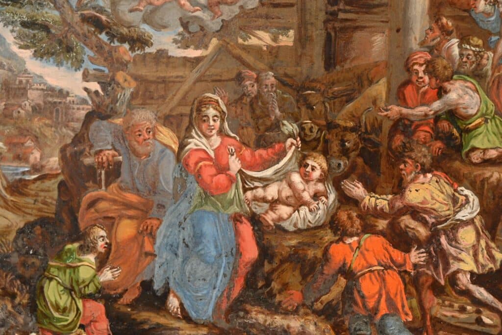 Peinture sur verre de l'adoration des Mages et des bergers.