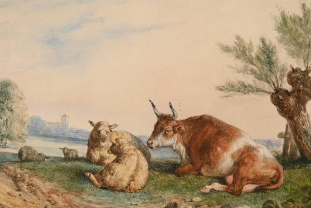" Vache et moutons en bord de lac "