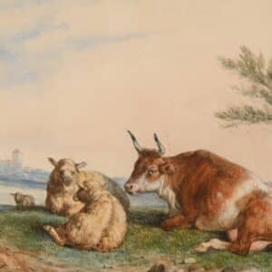 " Vache et moutons en bord de lac "