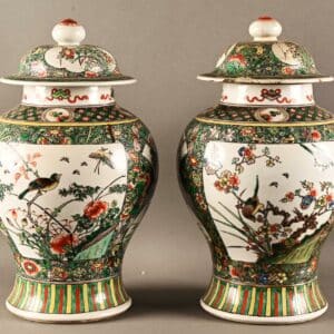 Paire de potiches couvertes en porcelaine de Chine de la famille verte.