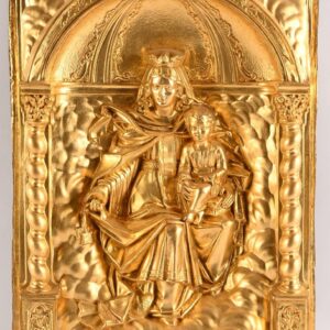 " Madone à l'enfant " Plaque en cuivre repoussé doré et ciselé.