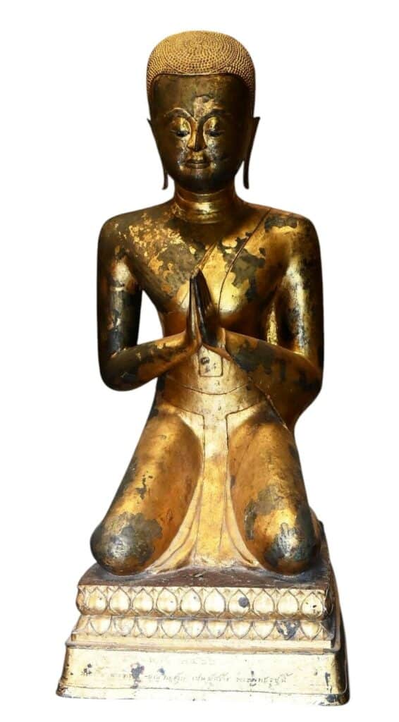 Grande statue de moine en bronze laqué or