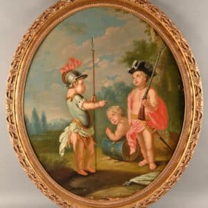 " Enfants jouant à la guerre " Huile sur toile ovale.