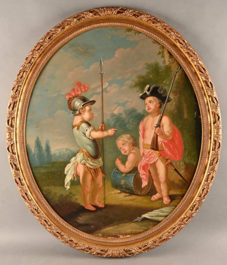" Enfants jouant à la guerre " Huile sur toile ovale.